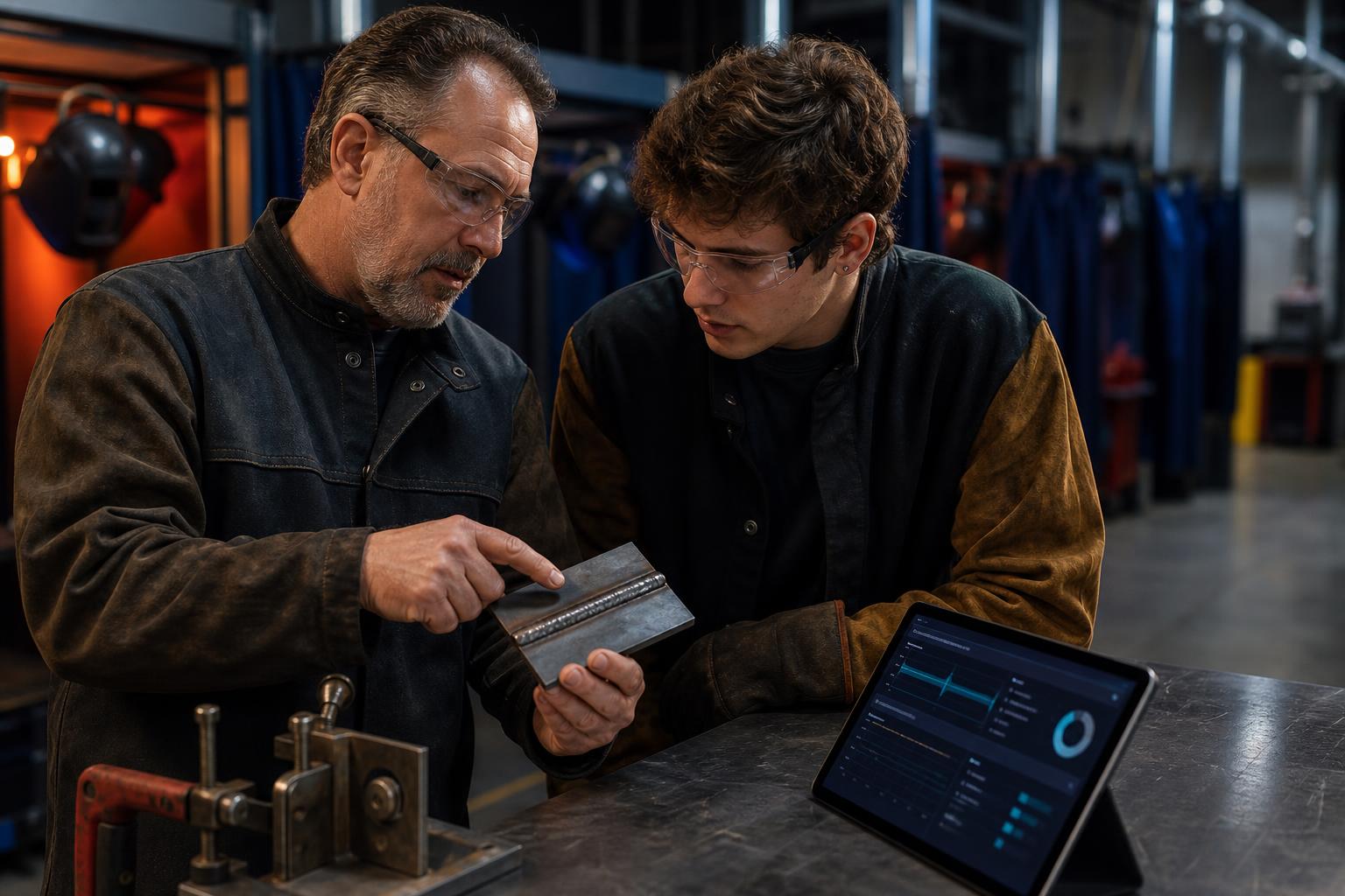 Welding instructor reviewing a student's weld bead on a steel coupon in a training shop, with a tablet showing an AI-assisted review dashboard